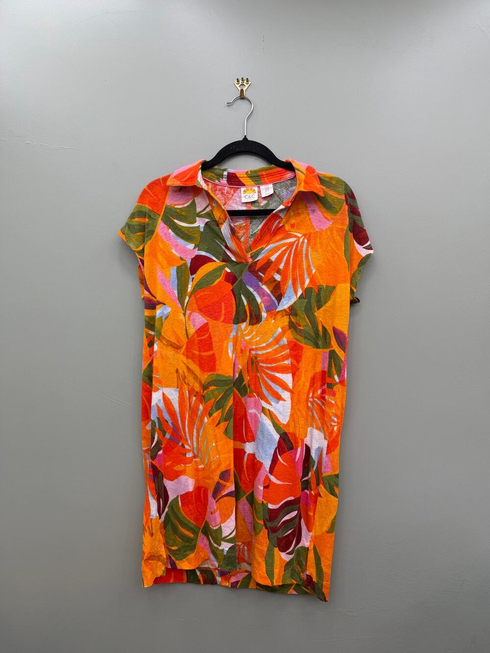 C&C California Tropical Palm Print Shirt Dress Orange Pink Medium